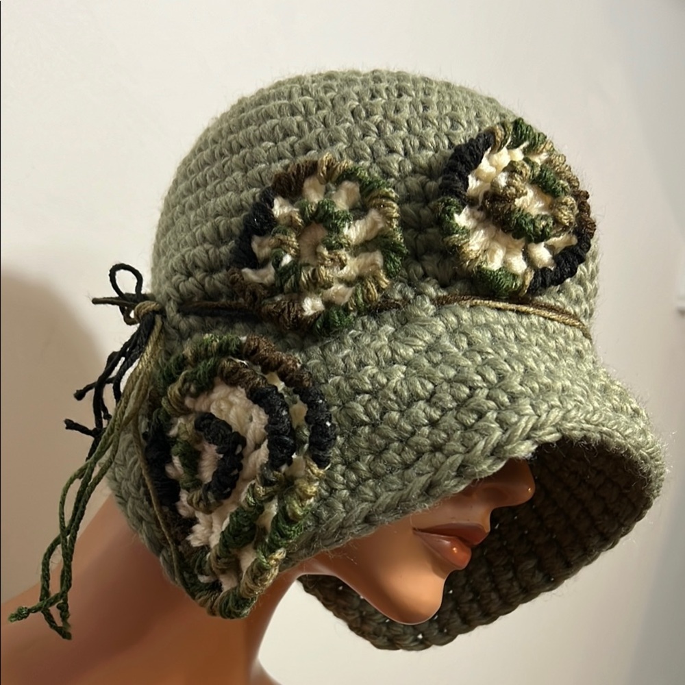 Handcrafted Olive Green Crochet Flower Cloche Hat
